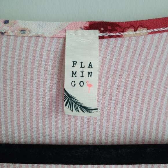 Flamingo Pink Striped Paisley Floral Print Puff Short Sleeve V-Neck Top - Picture 6 of 10